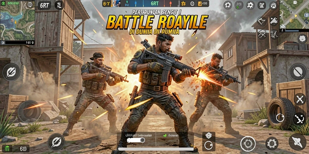 Tampilan gameplay <strong>6RT</strong> dalam aksi penuh di battlefield Battle Royale.