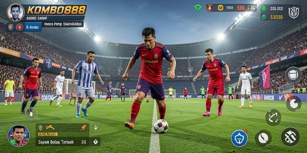 Tampilan gameplay seru dan dinamis dari KOMBO88 di lapangan sepak bola.