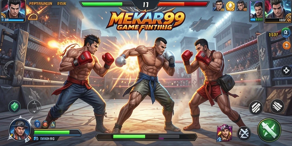 Tampilan seru dari gameplay MEKAR99 saat karakter bertarung.
