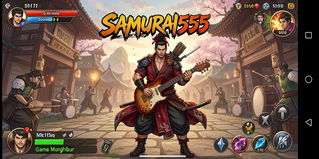 Tampilan gameplay SAMURAI555 dengan irama musik yang mendebarkan.